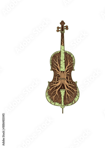 Sustainable Mycelium Musical Instrument Silhouette, Grown Bio-Material Cello, Eco Friendly Arts and Innovation Vector Illustration