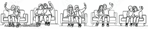 line art of a two little kids taking a selfie together on sofa