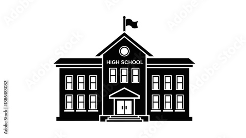Classic High School Building with Flag and Clock.