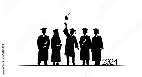 Graduation ceremony with students celebrating and throwing caps in the air.