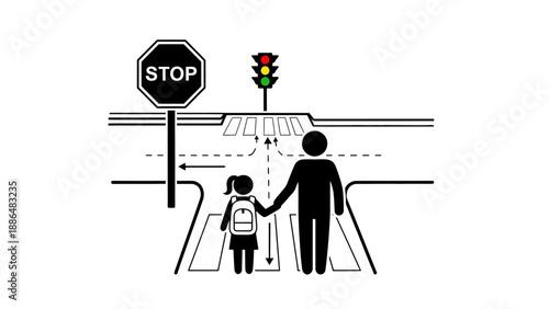 Father and daughter crossing street at crosswalk with stop sign and traffic light.