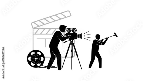 Filmmaking crew operating vintage camera and boom mic.