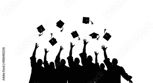 Graduation caps tossed in the air by silhouetted students celebrating achievement.