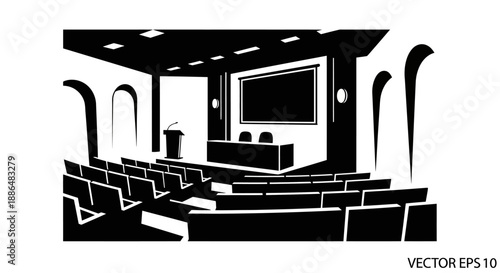 Empty Auditorium Stage With Seats And Screen.