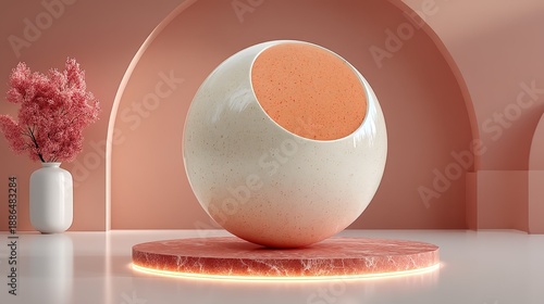 White Spherical Object with Orange Indentation and Plant Vase on Marble Base