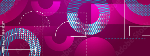 Dynamic abstract design in magenta and cyan tones featuring overlapping circles and technical grid elements