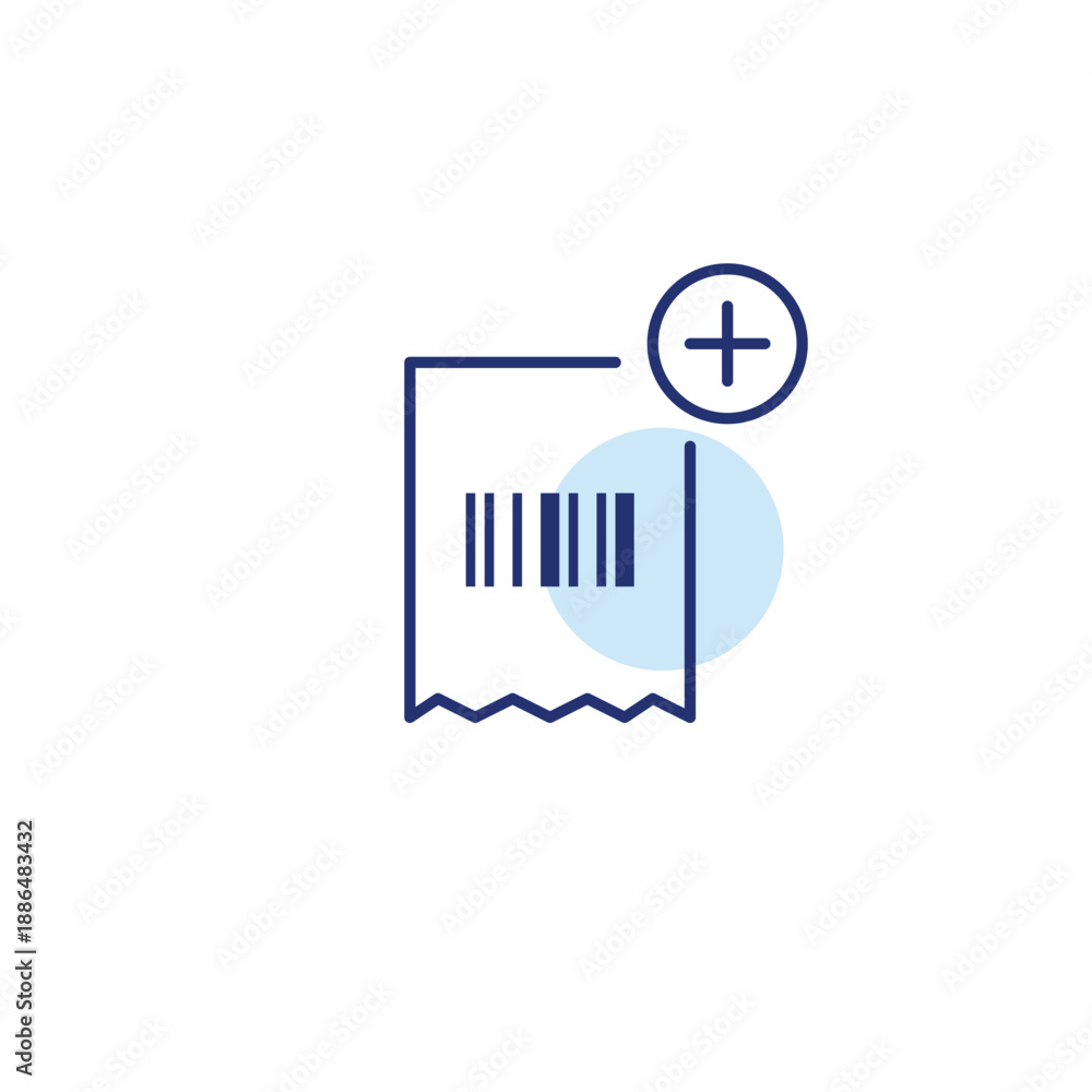 Obraz premium Barcode receipt and plus symbol. Item add to checkout, purchase update, sale record. Pixel perfect, editable stroke vector icon