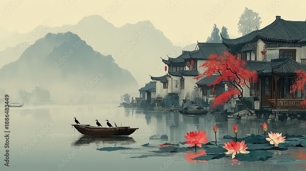 Obraz premium Traditional Chinese Water Town with Pink Lotus and Pavilions