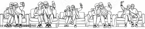 line art of a old couple taking a selfie together on sofa