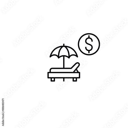 Sun lounger, umbrella and dollar sign. Vacation package cost, best affordable deals. Pixel perfect, editable stroke vector icon