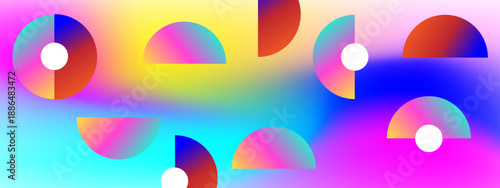 Creative composition of colorful geometric semicircle shapes over a vibrant blurred mesh gradient backdrop