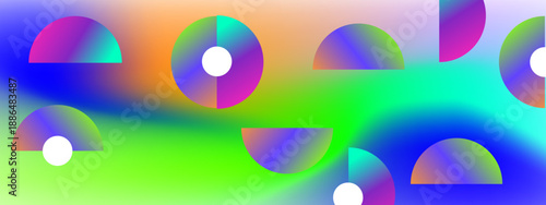 Modern green and blue blurred gradient background decorated with abstract geometric arc and circle elements