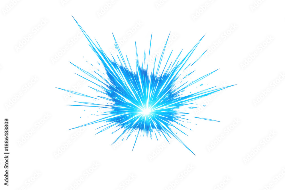 Fototapeta premium Blue light energy explosion with radial lines spreading, generating bright glow and starburst on transparent background