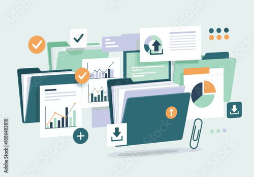 Business Data Management and Document Organization with Charts and Icons