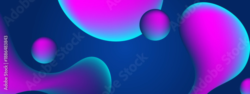 Dark blue abstract background featuring vibrant pink 3D liquid blobs and spheres