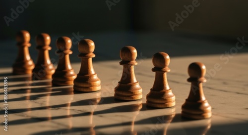 Seven pawns lined up in a row, lit from the side by sunlight, casting shadows