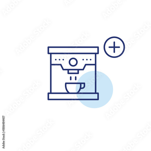 Coffee machine and plus symbol. Adding new drinks to menu, selected options. Start brewing. Pixel perfect, editable stroke vector icon