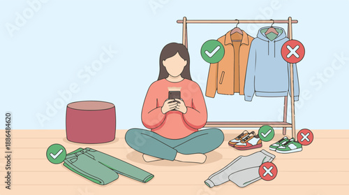 Young woman using smartphone to choose clothes and plan outfit