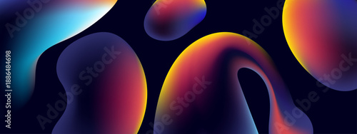 Mysterious dark background featuring organic floating fluid shapes with intense glowing neon highlights