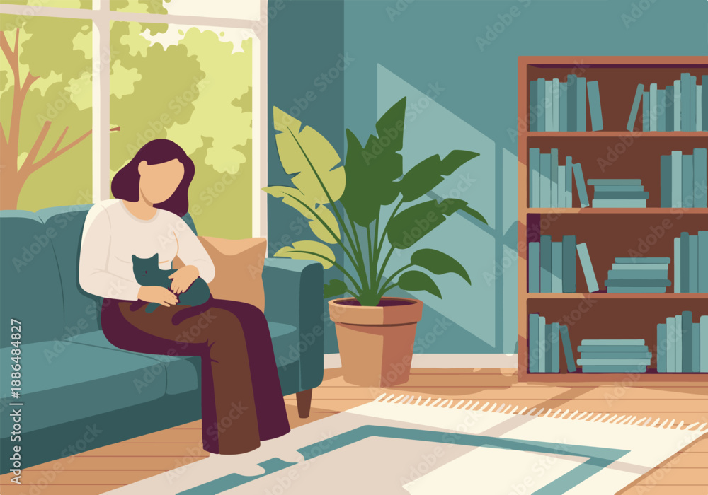 Fototapeta premium Woman relaxing on couch with cat in sunlit living room, surrounded by books