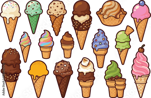 Summer Ice Cream Cone Vector Set. Vanilla scoop, chocolate dipped waffle cone, and soft serve swirl stickers isolated