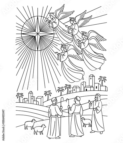Nativity scene in traditional line art in black and
