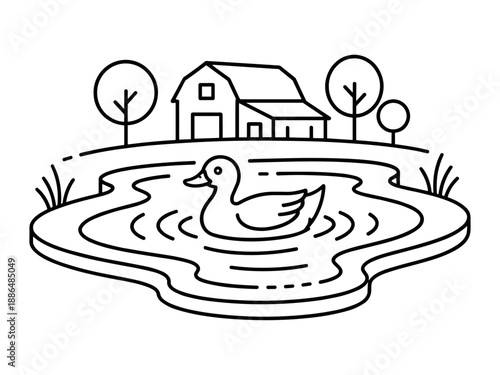 Duck in pond simple line art illustration