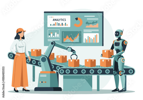 Smart factory production line with robots, human operator, and analytics dashboard