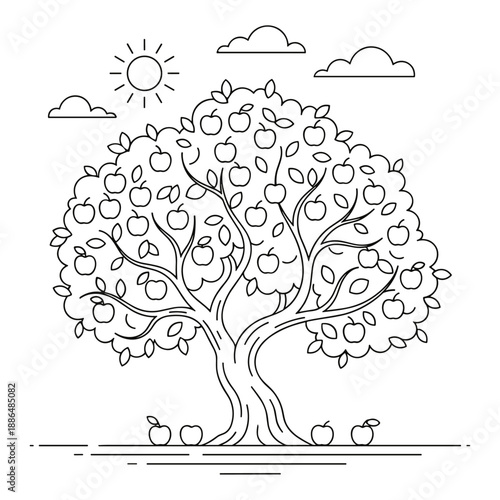 Apple tree illustration in black and white
