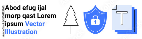 Cybersecurity, nature conservation, document security, data protection, text editing, graphic design concepts. Blue shield with lock, tree icon stack of documents and text. Cybersecurity and nature