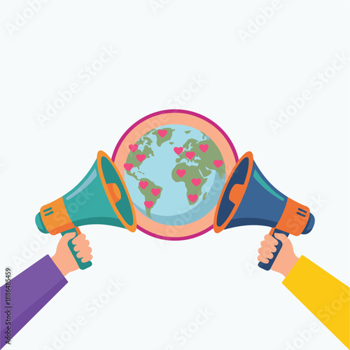 Global communication spreading love and unity with megaphones