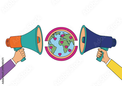 Hands with megaphones broadcasting love and positive messages globally