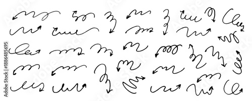 Set of hand drawn arrows. Sketch marker texture line scribble arrow icon. Black line curvy symbols. 
