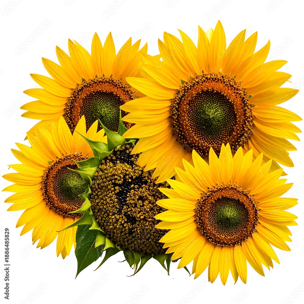Obraz premium A bright arrangement of four sunflowers with golden petals and dark centers, plus a seed-filled sunflower head
