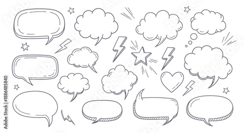 A collection of hand-drawn speech bubbles, thought clouds, stars, lightning bolts, and a heart, presented in a black and white sketch style.