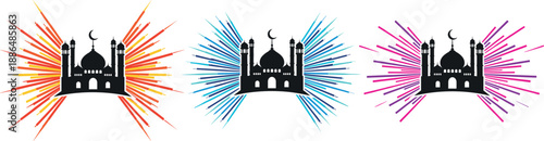 Colorful radial burst Ramadan mosque vector illustration set for modern Islamic festival design