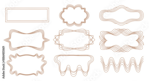 A collection of nine ornate, decorative, and intricate frames with wavy, flowing lines in a light brown hue, presented on a white background.