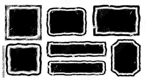 A collection of seven distressed grunge frames with a rough, textured border and a black interior, presented on a white background.