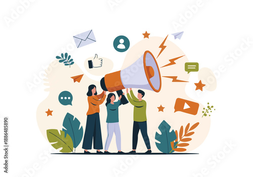 Team working together to amplify message with megaphone and communication icons