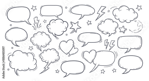 A collection of hand-drawn speech bubbles, thought clouds, hearts, and lightning bolts in a doodle art style.