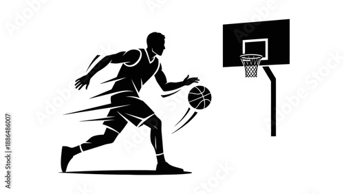 Silhouette of a basketball player dribbling the ball.