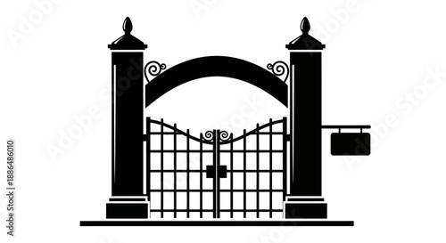 Ornate wrought iron gate with stone pillars and archway.