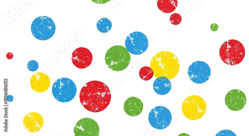 A vibrant and playful scattering of colorful, textured circles on a white background.