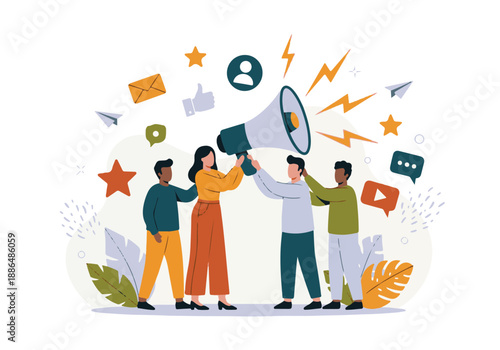 Group of People Announcing with Megaphone, Digital Marketing Concept