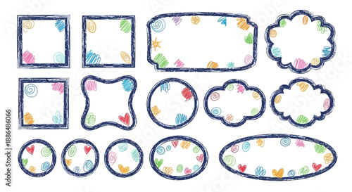 A collection of hand-drawn decorative frames and borders with colorful scribbles and shapes, suitable for crafting and design.