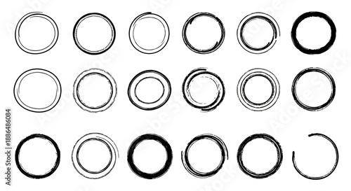 A collection of hand-drawn, sketchy circular outlines and rings in black ink on a white background.