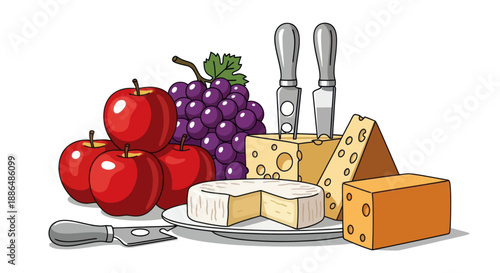 Delicious Cheese Apples Grapes and Cheese Knives Arrangement.
