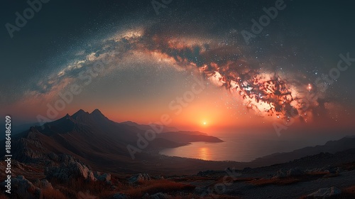 Mountain Lake Landscape with Sunset and the Milky Way