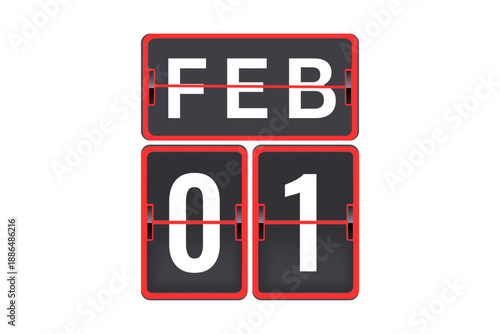 1 February calendar single day, week vector, illustration icon. Red, gray, black, and white color background calendar page vector for of the month January 1