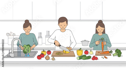 Three people preparing fresh vegetables in a modern kitchen illustration.